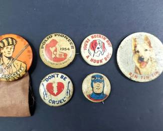 Vintage Collectors Novelty Pins Captain Midnight, Davey Crockett and Others