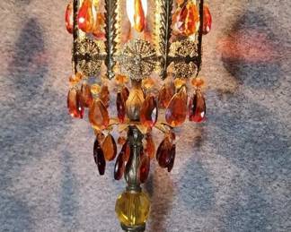 Vintage Brass Amber Glass Pendant Filligree Shade Lamp