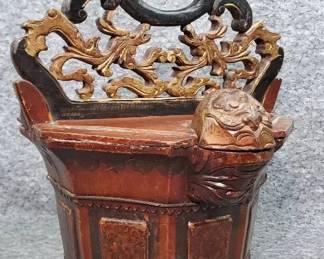 Antique Asian Wooden Rice Bucket Dragon Motif Scrollwork