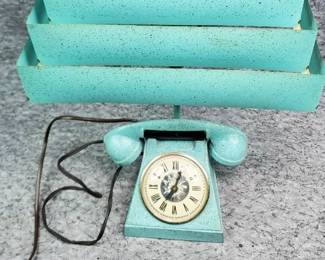 Turquoise MCM Art Deco Clock Lamp Shaped Like Phone