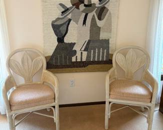 Woven wall hanging and 2 side chairs