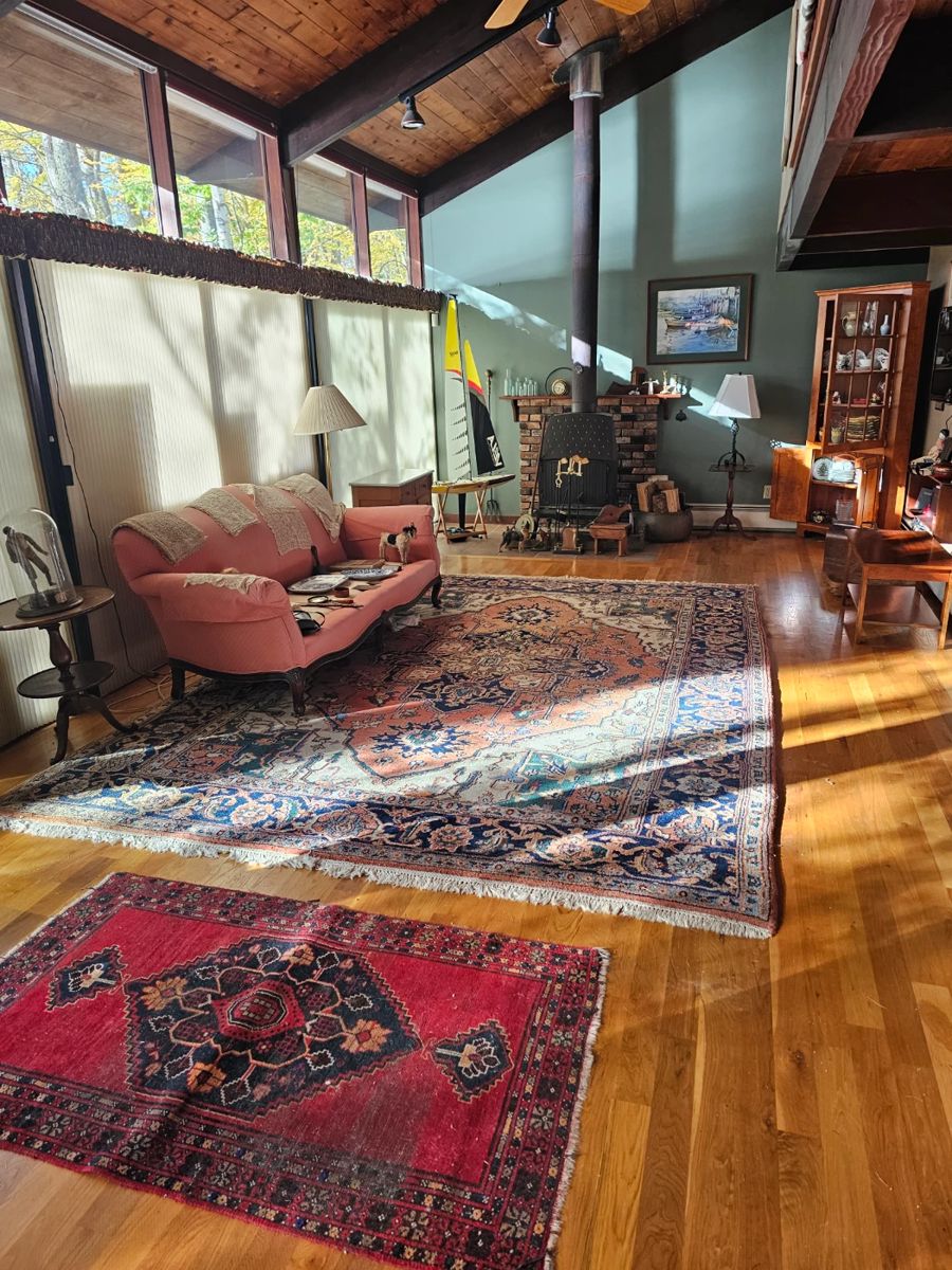 Oriental Rugs, Red Oriental Rug, Remote Large Sailboat, Floor lamps, Round side wooden table