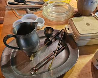 Silver platter, Silver creamer, nesting glass dishes, microwave covered dish, wild rice utensil crock