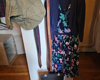 Military duffel bag, Floral dress with top, Leather belt
