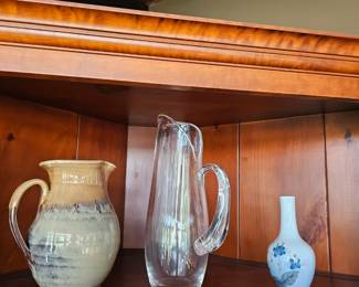 Glass pitcher, small bud vase, pottery pitcher