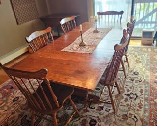Large farm style wooden table and 6 chairs, Vintage oriental fringed rug
