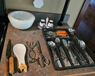 Silverware, Scissors, Tongs, Mixing Bowls, Flashlight, Spoon Rest, Salt Pepper Shakers 