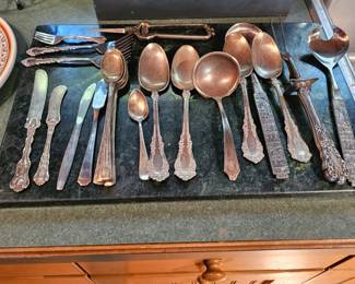 Assorted Silver Spoons, Silver knives, Silver forks, Silver Carving Fork, 