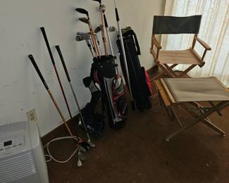 Golf bag, golf clubs, stage chair