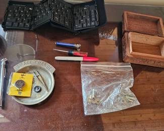 Folding travel keyboard, Silver dish, wooden box