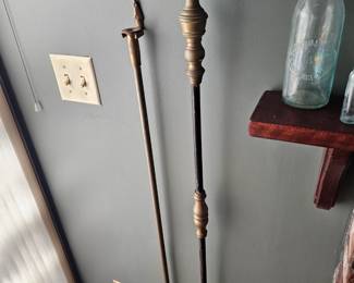 fireplace tools, vintage glass bottle