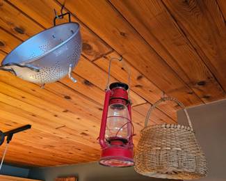 Lantern, baskets, metal colander 