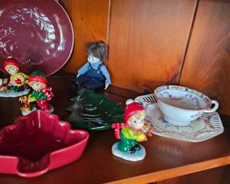 Christmas tree dish, small winter children figurines, China cup and saucer