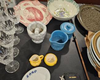 Blue Sugar Bowl and Creamer, Vintage Serving Bowl, Mortar and Pestle, Soap Dish