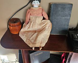 Vintage doll, Old photo books, Turned wooden box with a lid