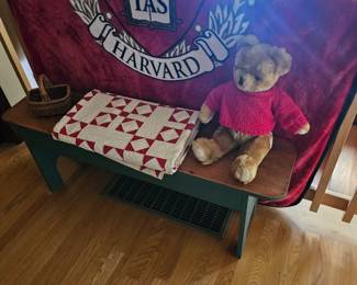Harvard University Throw Blanket, Stuffed Bear Toy, Quilt, Wooden Bench