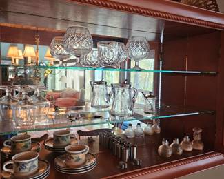 Mini salt & peppers, tea cup and saucers, crystal stemmed, Creamer & sugar silver lids