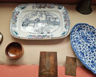 Brass/copper plates, wooden small bowl, Antique ironstone platter, English Chinese pattern platter, Blue and white porcelain phoenix bird floral platter