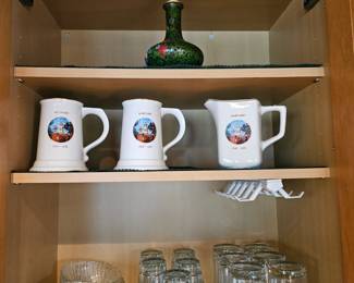 Green Bud Vase, Harvard Ceramic Creamers, Drinking glasses, Nesting glass bowls