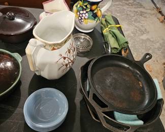 Cast Iron Pans, Milk/Juice Pitchers, Blue Bowls