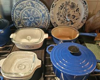 Cast Iron Large lidded dbl handed pot, Cast Iron fry pan, Corning Revere Wear, Blue Flower, Corn Flower, Blue and white Plates or Platters, Cast Iron Sauce Pot