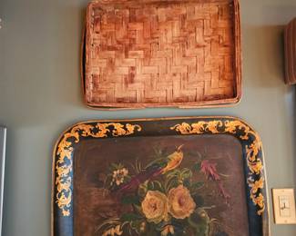 Wooden basket tray, Toleware tray, Tin tray