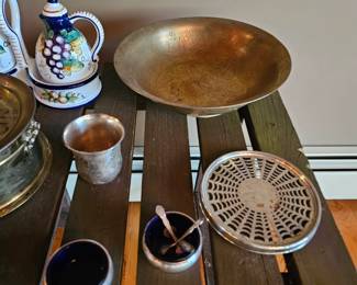 Brass bowl, Oil & Vinegar cruet, trivet, silver spoons
