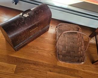 Wooden Basket, Vintage Singer sewing machine
