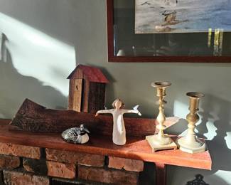 candle sticks brass, loon figurine, small outhouse, Willow Tree figurine