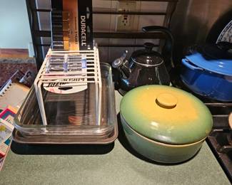 Cast Iron Lidded pot, tea kettles, Wired cabinet shelf divider