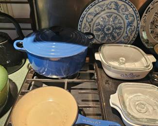 Cast Iron Large lidded dbl handed pot, Cast Iron fry pan, Corning Revere Wear, Blue Flower, Corn Flower, Blue and white Plates or Platters