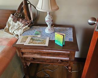 Table lamp, Wooden Side table, Coach hand bag