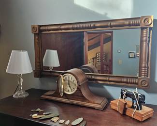 Long rectangle ornate mirror, Desk/table lamp, Mantel clock, small sewing machine, assorted crystals or rocks