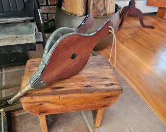 fireplace bellows, small wooden stool