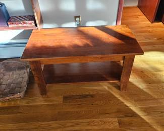 wood coffee table, two tiered coffee table, coffee table with display shelf