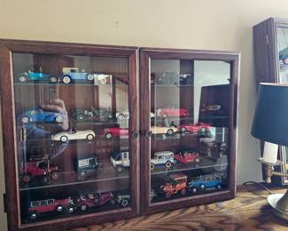Die cast cars in case, table lamp
