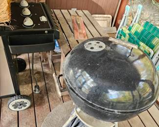 Charcoal BBQ, Cover, Old fashioned folding chairs in green
