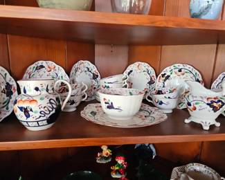 China Vintage folk art pottery, floral pattern china, white, red and black china set