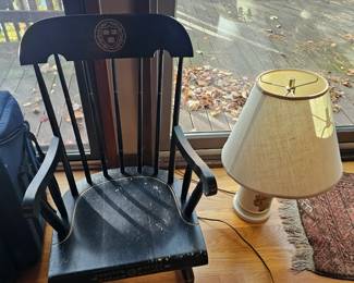 Vintage wooden rocking chair, Side table lamp