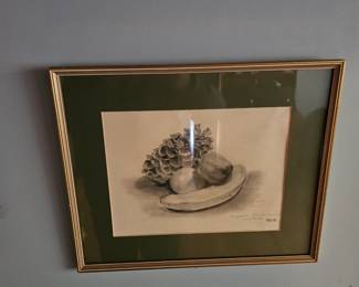 Framed artwork, pine cone and fruit framed artwork