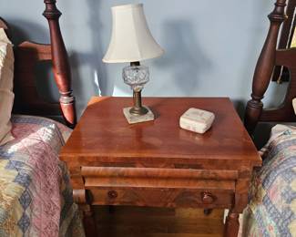 Wood side table, Small lamp with brass and glass, post headboard and foot board twin @2