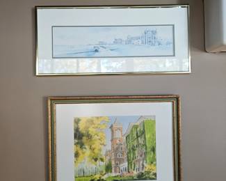 Vintage watercolor of a historic European style building, Vintage watercolor painting, large castle or estate and bridge over water