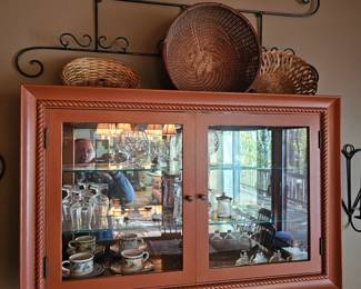 Baskets, wrought iron wall decoration, Tea cup and saucers, mini salt and pepper shakers