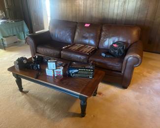 Brown leather sofa, coffee table