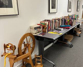 Spinning wheel, fiber tools and weaving, spinning, fiber craft books