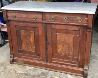 Sideboard... would make a great island too! Huge piece of marble. 48" long by 21" deep & 36" tall. Shelf behind doors.... Hardware on drawers are original