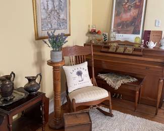 Kimball piano, artwork, rocking chair, plant stand, side table, silver, and lots of littles