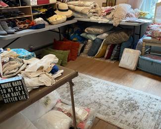 Lots of quilts, afghans, bedding, throw pillows, shoes, purses