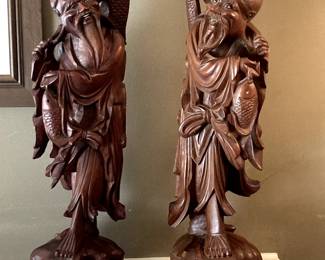 Pair - 1930's Asian Carved Fisherman 21" Statues