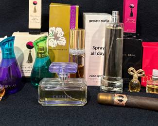 Perfumes / Perfume / Fragrances / Cologne / Eau De Parfum : VTG Ici by Coty, Little Black Dress, Crystal Aura, Ed Hardy, Surreal, Grace & Stella, Far Away, Mary Kay Thinking of Love, Amarige de Givenchy, Rare Gold, Fire Me Up, MK Belara Midnight, Observe Lessence & more!
